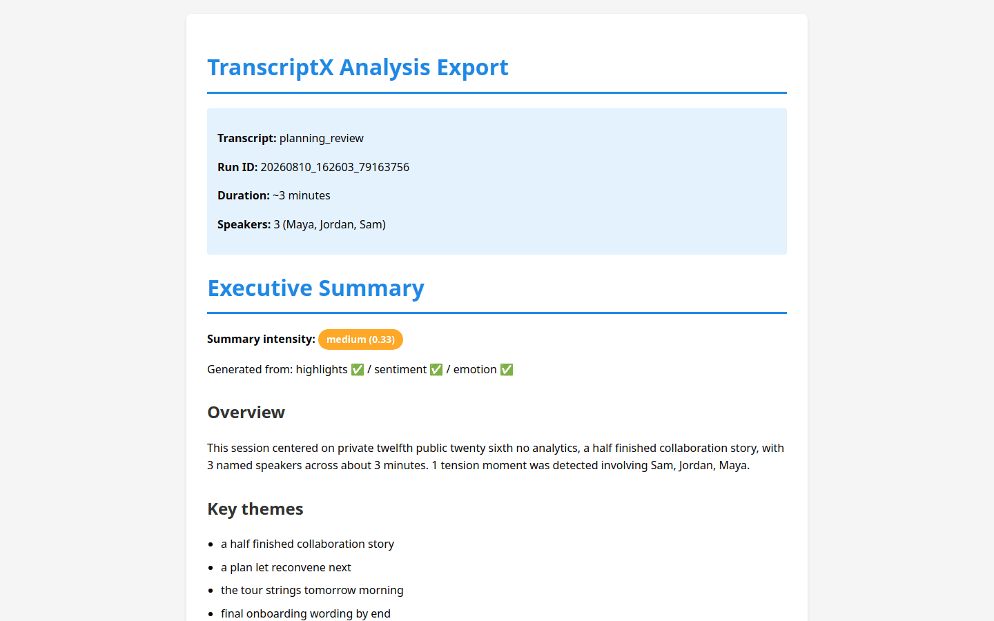 Browser view of an export-style HTML index showing transcript metadata and executive summary