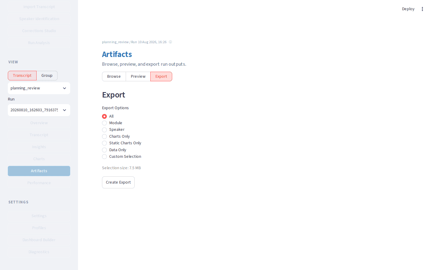 Artifacts Export panel with Create Export ready for the selected run