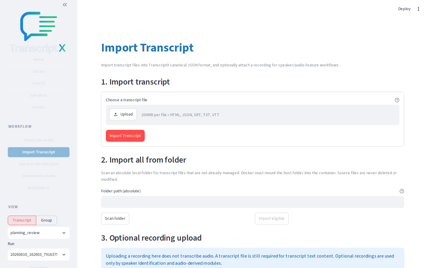 Import Transcript page with the planning review JSON selected for upload