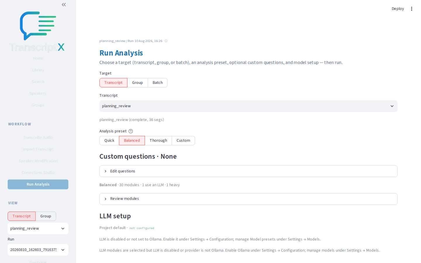 Run Analysis page showing the Balanced preset ready to launch