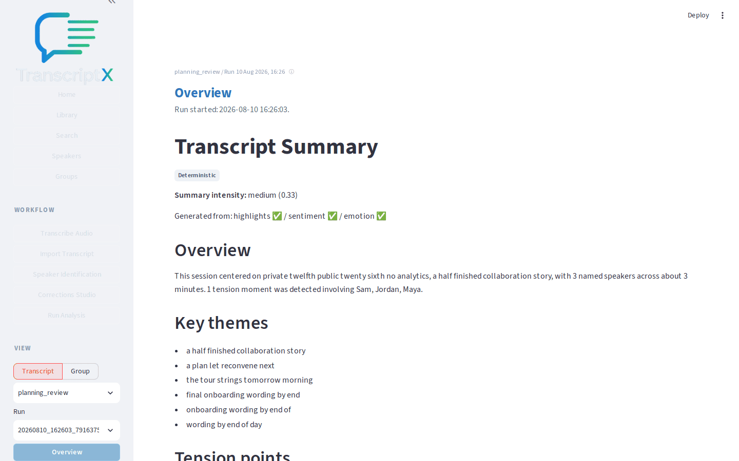 Moving from Insights summary evidence into the Transcript view for surrounding context