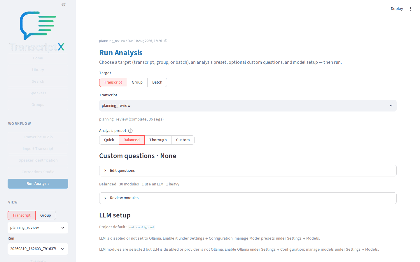 Run Analysis LLM setup section showing that local AI is disabled or not set to Ollama