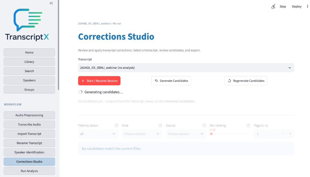 Corrections Studio: review candidates and generate from the transcript