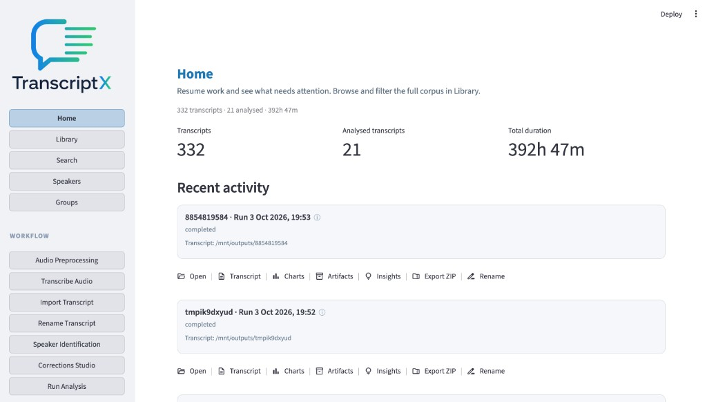 Home: corpus totals and recent runs
