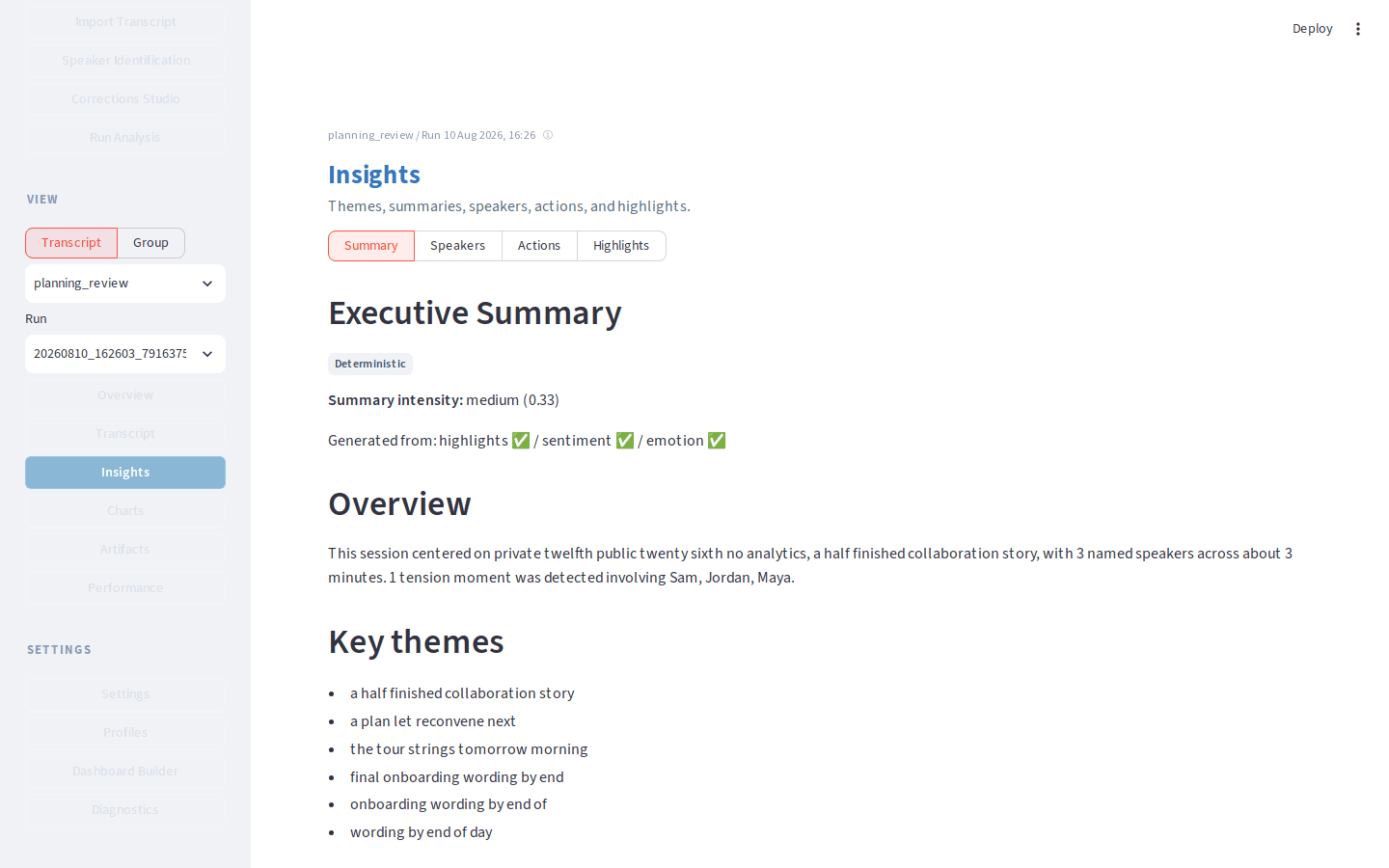 Insights: themes, summaries, and highlights for a finished run