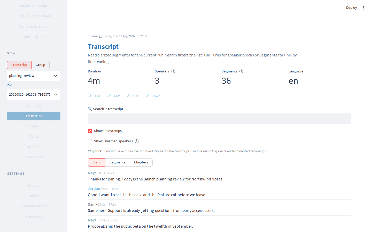Transcript view with named speakers, timestamps, and search