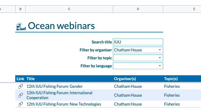 Screenshot of the Ocean webinars spreadsheet