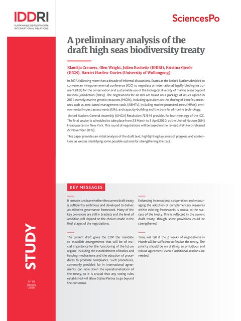 Cover image for A preliminary analysis of the drafthigh seas biodiversity treaty