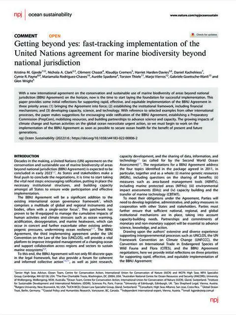 Getting Beyond Yes: Fast-tracking Implementation of the United Nations Agreement for Marine Biodiversity Beyond National Jurisdiction