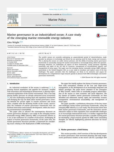 Marine governance in an industrialised ocean: A case study of the emerging marine renewable energy industry